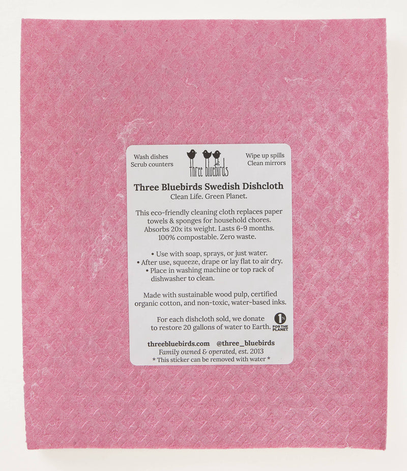 Three Bluebirds Swedish Dishcloths - Watermelon on Pink with white label, eco-friendly and biodegradable, ideal for sustainable kitchen cleaning and reducing waste.