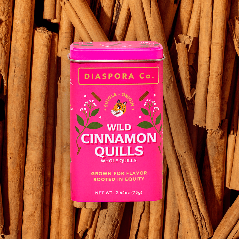 Diaspora Co. Spices - Wild Cinnamon Quills in a pink box with a tiger illustration, featuring premium cinnamon sourced from Sri Lanka's organic farms.