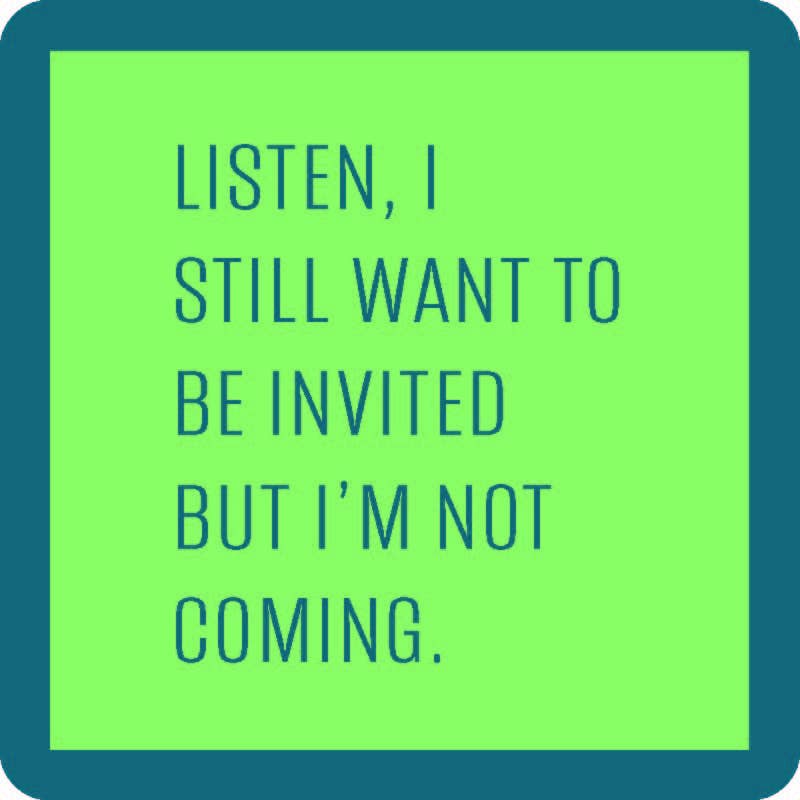 Drinks on Me coaster featuring a humorous quote, ideal for adding charm and humor to coffee tables and home bars. Perfect gift for any occasion.