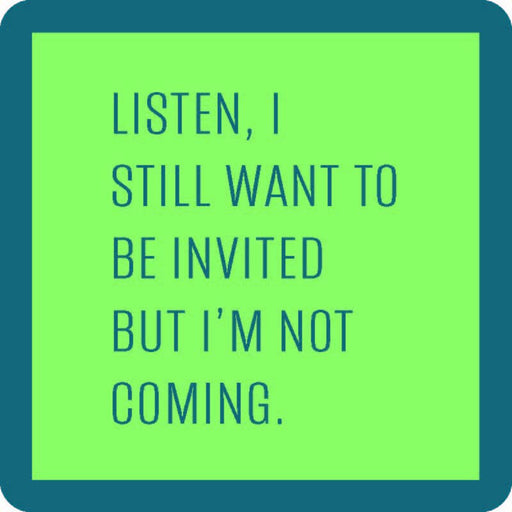 Drinks on Me coaster featuring a humorous quote, ideal for adding charm and humor to coffee tables and home bars. Perfect gift for any occasion.