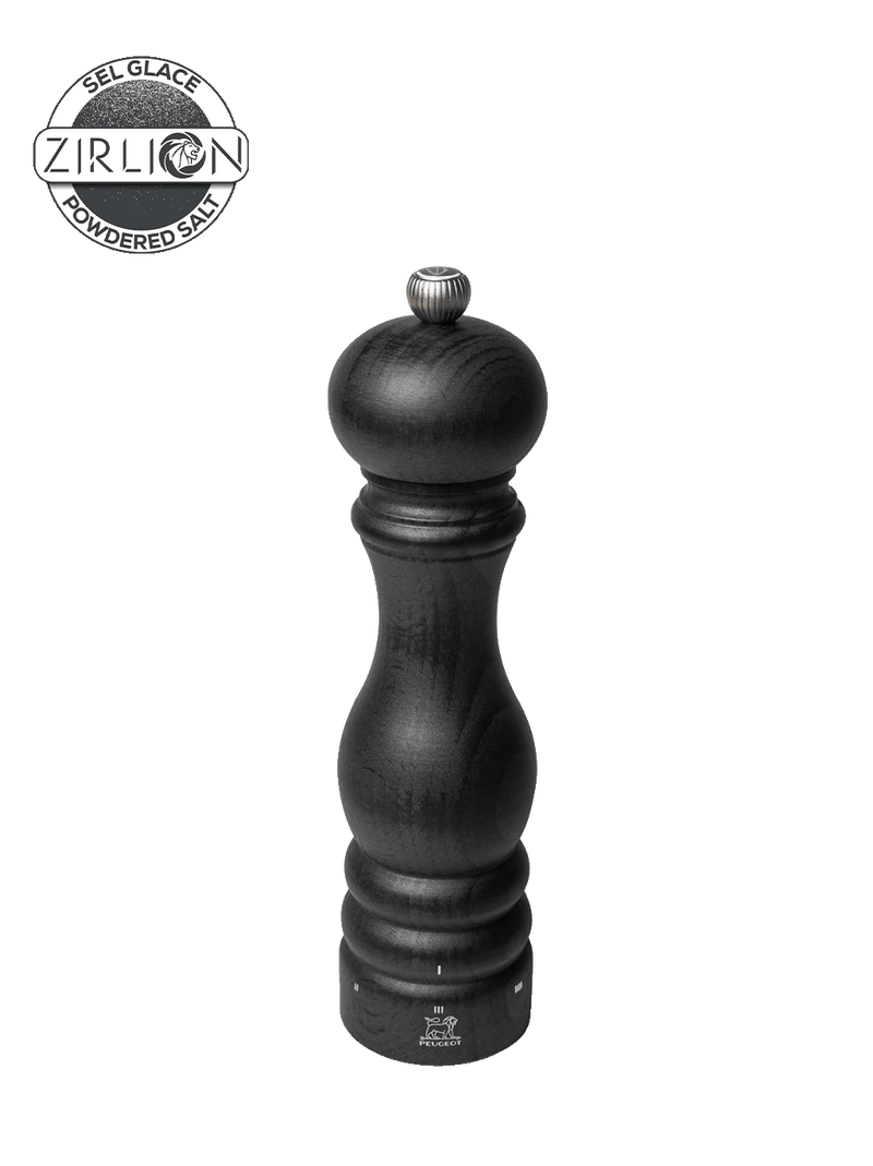 Peugeot | Paris u'Select Wood Salt Mill, 9 inches, black turned-wood design with metal knob, ideal for fine salt grinding, featuring a Zirconia mechanism.