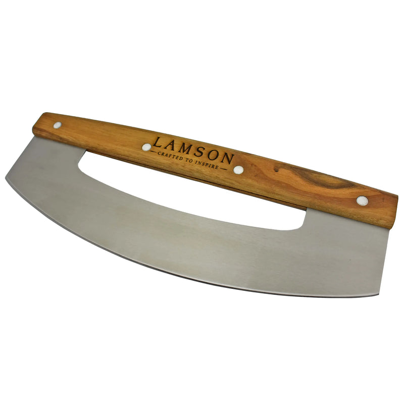 Lamson | 12 Pizza Rocker with Walnut Handles, featuring a sharp blade and ergonomic wood handle for precise pizza cutting, made in Massachusetts.