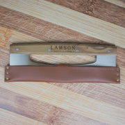 Lamson leather sheath designed for a 14 pizza cutter/rocker, featuring a wooden handle, ideal for kitchen enthusiasts, available at Athens Cooks.