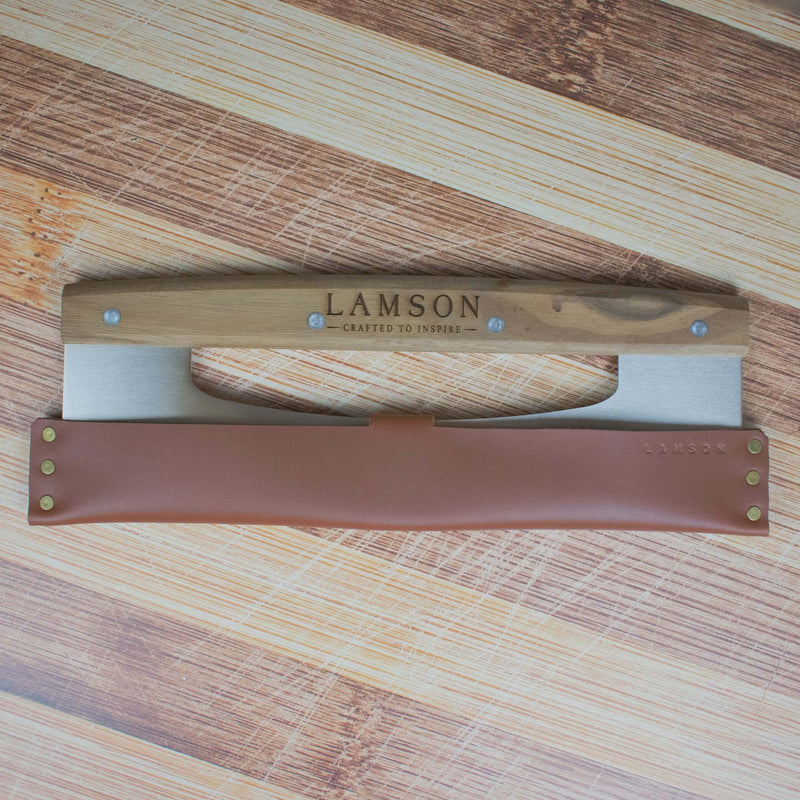 Lamson leather sheath designed for a 14 pizza cutter/rocker, featuring a wooden handle, ideal for kitchen enthusiasts, available at Athens Cooks.
