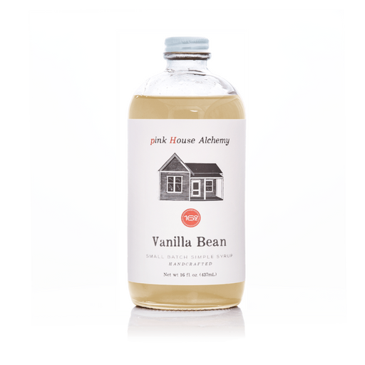 Pink House Alchemy - Vanilla Bean Simple Syrup bottle, showcasing a house emblem on the label, ideal for enhancing culinary creations.