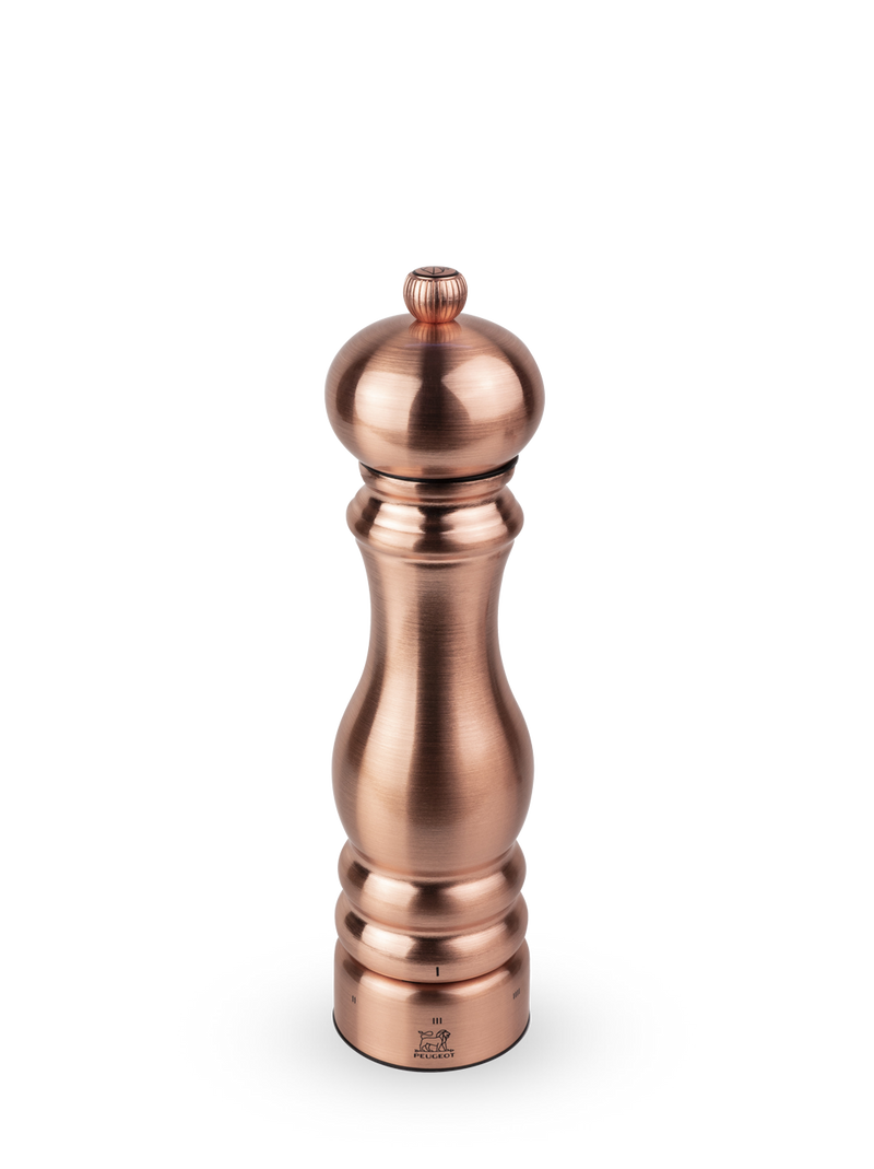 Peugeot | Paris Chef u'Select Pepper Mill, Copper, 9 inches: Tall brushed-copper mill with adjustable grind tension, ergonomic grip, and coarseness selector, featuring Peugeot logo for elegant seasoning control.