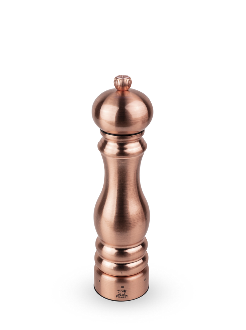 Peugeot | Paris Chef u'Select Salt Mill, Copper, 9 inches, showcasing elegant curves and a brushed copper finish, with an innovative Zirconia mechanism for adjustable grinding.