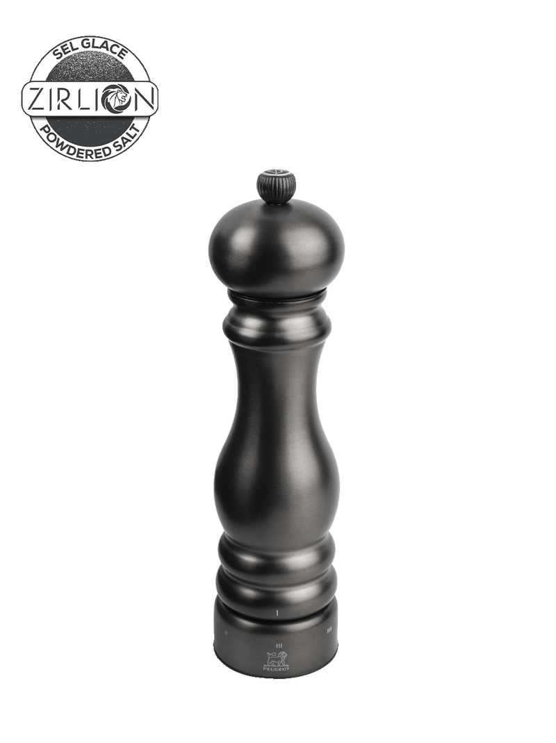 Peugeot | Paris Chef u'Select Salt Mill, Carbon, 9 inches. Sleek tabletop grinder with adjustable knob and Zirconia mechanism for fine powdered salt. Ideal for modern kitchens.