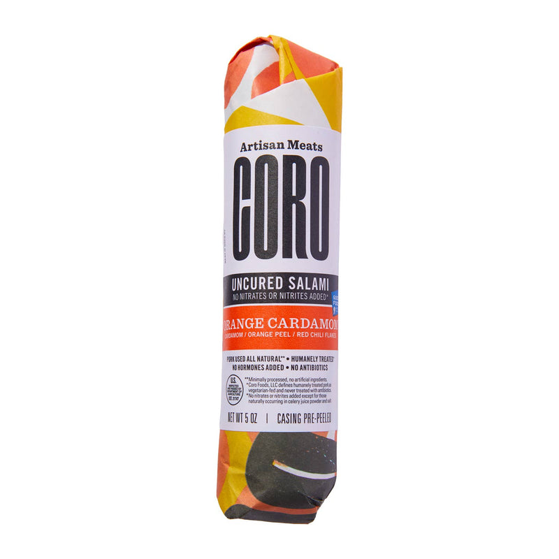 Coro Foods - Orange Cardamom - Uncured Piccolo, 5oz salami tube, seasoned with cardamom, orange peel, and chili flakes, ready-to-slice, no refrigeration needed.