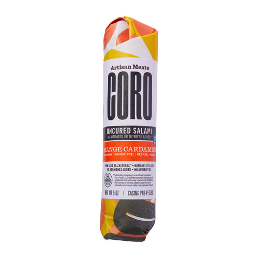 Coro Foods - Orange Cardamom - Uncured Piccolo, 5oz salami tube, seasoned with cardamom, orange peel, and chili flakes, ready-to-slice, no refrigeration needed.