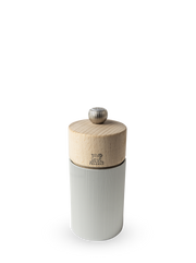Peugeot | Line Salt Mill Aluminum + Beechwood 5 Inches, Natural; features a ribbed metal base and wooden top with Peugeot lion logo, for dry salt grinding.
