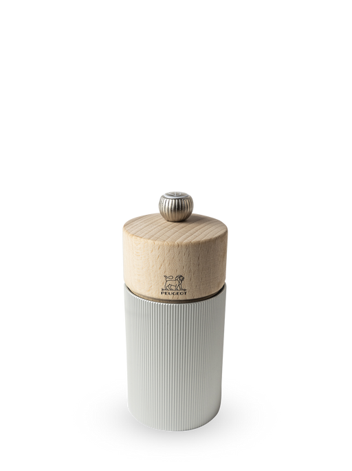 Peugeot | Line Salt Mill Aluminum + Beechwood 5 Inches, Natural; features a ribbed metal base and wooden top with Peugeot lion logo, for dry salt grinding.