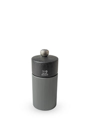 Peugeot | Line Salt Mill Aluminum + Beechwood, Carbon, 4.75 inches, featuring a fluted aluminum body with a wooden cap and metal knob, showcasing Peugeot's craftsmanship.