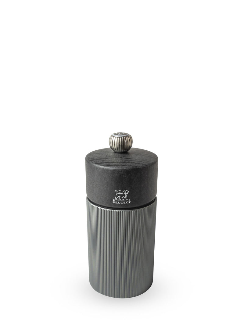 Peugeot | Line Salt Mill Aluminum + Beechwood, Carbon, 4.75 inches, featuring a fluted aluminum body with a wooden cap and metal knob, showcasing Peugeot's craftsmanship.