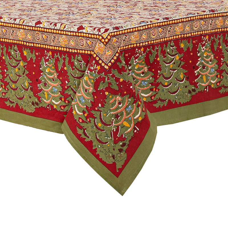 Couleur Nature - Noel Red & Green tablecloth, 59 x 86, featuring ornament-draped fir trees and festive motifs, handprinted on French linen by artisans in Jaipur.