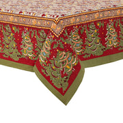 Couleur Nature - Noel Red & Green French Tablecloth, 71 x 106, featuring Christmas trees, bows, ornaments, and candies, handprinted in vibrant holiday patterns on fine French linen.