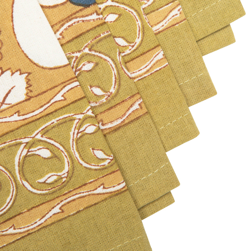 Couleur Nature - Forest Harvest Mustard & Blue Napkins show a botanical motif with vines and wreaths, crafted in mustard gold. Set of six, hand-printed linen.