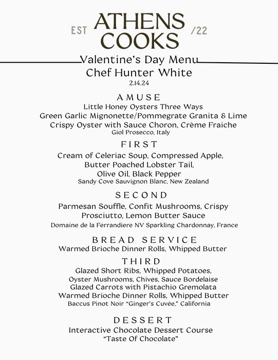 "Valentine's Date Night 5 Course Meal with Interactive Dessert!" Wednesday, February 14, 6:00pm-8:00pm