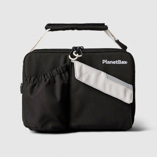 PlanetBox Rover-Launch Carry Bag - Watermelon, featuring a top handle, side pockets for a bottle and snacks, and adjustable strap, perfect for on-the-go lunches.