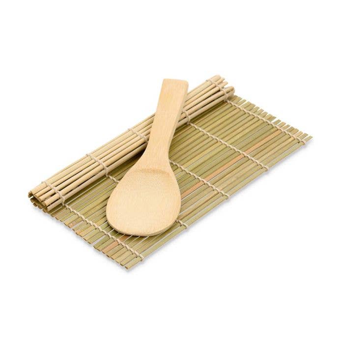HIC - Harold Import Co. - Helen's Asian Kitchen Sushi Mat with Paddle, a bamboo mat and wooden paddle set for easy sushi rolling, enhancing culinary experiences.