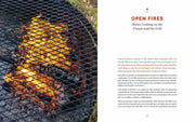 Cookbook spread featuring Franklin Smoke by Aaron Franklin, highlighting open-fire cooking techniques with a vibrant firepit image and text on backyard grilling and smoking.