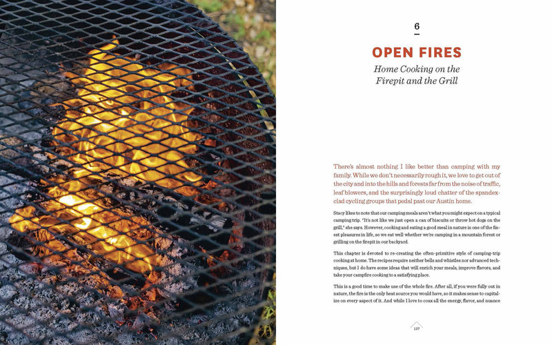 Cookbook spread featuring Franklin Smoke by Aaron Franklin, highlighting open-fire cooking techniques with a vibrant firepit image and text on backyard grilling and smoking.