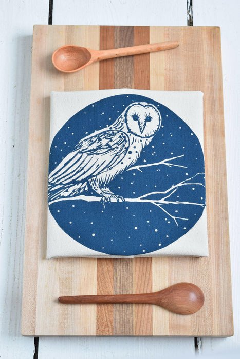 Hearth and Harrow - Organic Cotton Barn Owl Tea Towel - Navy - Bird Kitchen.