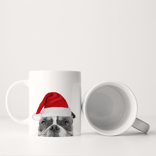 Perkie Prints - Santa Hat American Bulldog 2 Mug featuring a bulldog in a Santa hat, perfect for adding festive charm to your kitchen collection.