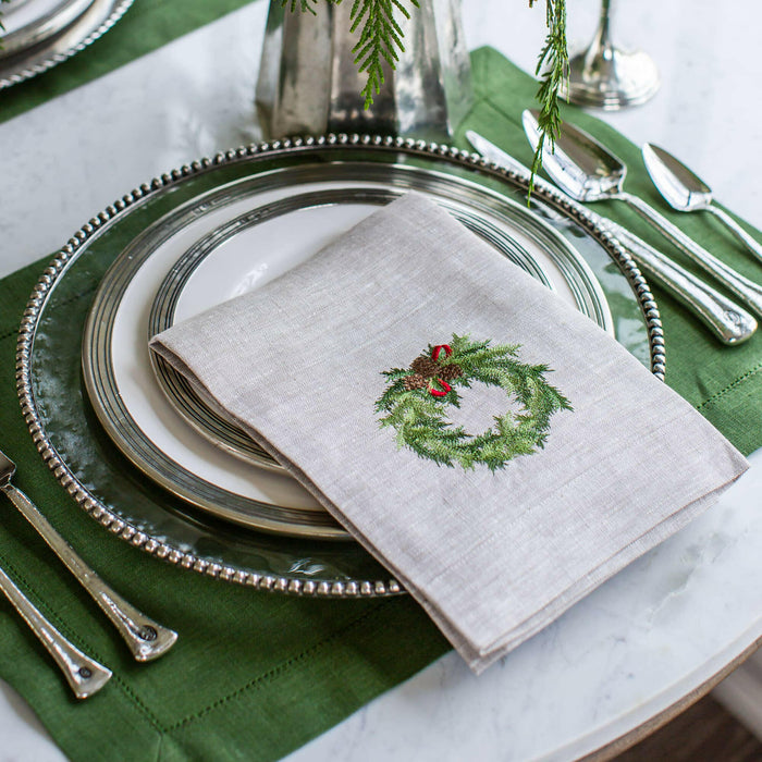 Crown Linen Designs | Christmas Juniper Wreath Tri-Fold Napkin.