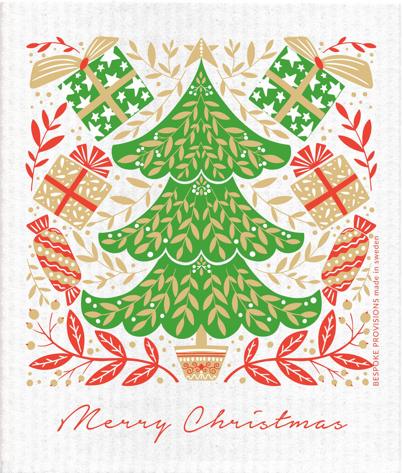 Bespoke Provisions - Merry Christmas Swedish Dishcloth features a festive tree and gifts design, ideal for sustainable kitchen cleaning.