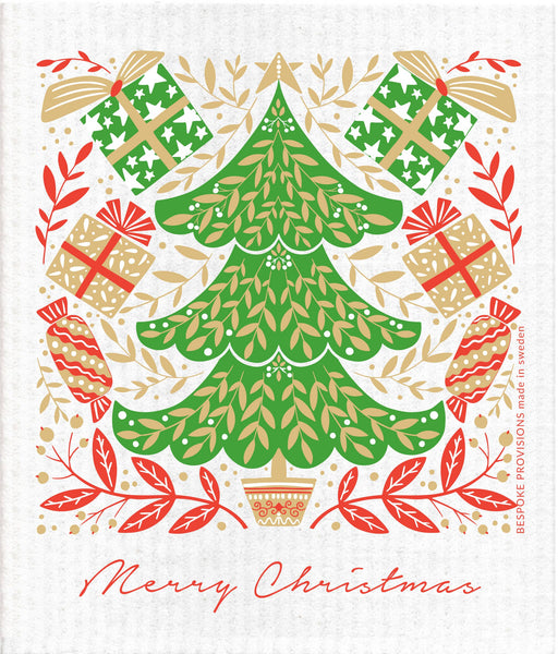 Bespoke Provisions - Merry Christmas Swedish Dishcloth features a festive tree and gifts design, ideal for sustainable kitchen cleaning.