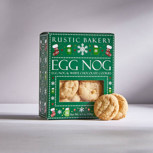 Rustic Bakery Egg Nog Cookies, festive box with sugar-coated cookies, embody holiday flavors of eggnog, white chocolate, and nutmeg. Perfect for Athens Cooks' specialty offerings.