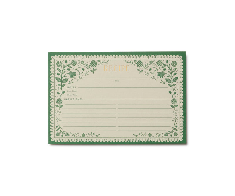 Rifle Paper Co. - Pack of 12 Artichoke Recipe Cards with green floral-vine border, gold-foil RECIPE heading, and sections for title, notes, and ingredients.