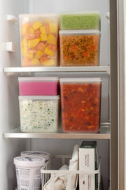 W&P - Freezer Cube Storage Containers: Set of 3 - Small/Medium/Large, shown stacked in a refrigerator, perfect for organized and efficient food storage.