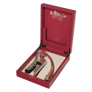 L'Atelier du Vin - USA - Lever Wine Opener - OENO MOTION TRESOR in a red presentation box with polished metal and curved wooden handle, ideal for wine enthusiasts.