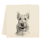 Eric & Christopher - Sunny the Scottie Tea Towel features a detailed sketch of a terrier's head on cream stock, ideal for kitchen decor.