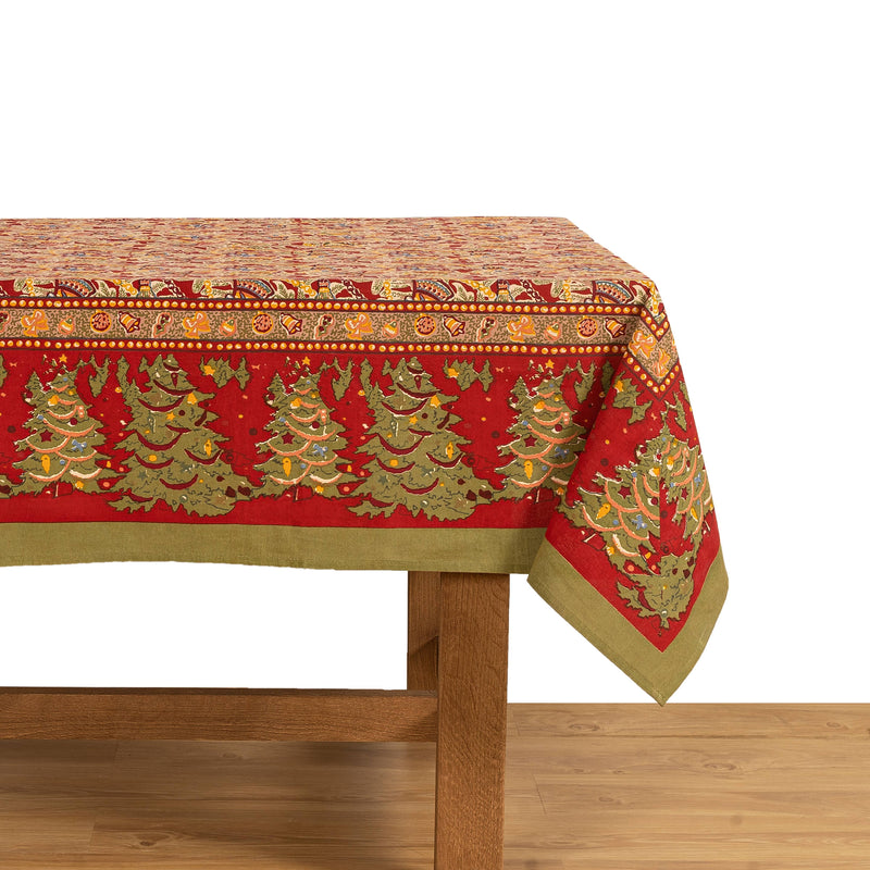 Couleur Nature - Noel Red & Green French Tablecloth showcases festive Christmas patterns with trees and holly, handprinted on cotton, ideal for holiday dining.