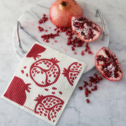 Three Bluebirds Swedish Dishcloths featuring a pomegranate design, ideal for sustainable kitchen use. Made of cellulose and organic cotton, reusable and biodegradable.