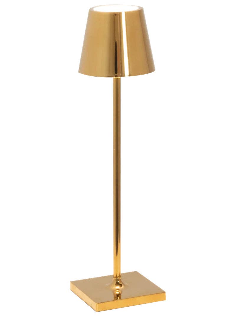 Zafferano America - Poldina Pro Micro Cordless Lamp: Sand. A sleek gold table lamp with a touch dimmable LED and induction charging base.