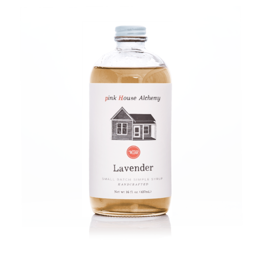 Pink House Alchemy - Lavender Simple Syrup in a clear glass bottle, ideal for enhancing culinary creations with its aromatic blend of spices, citrus, and mint.