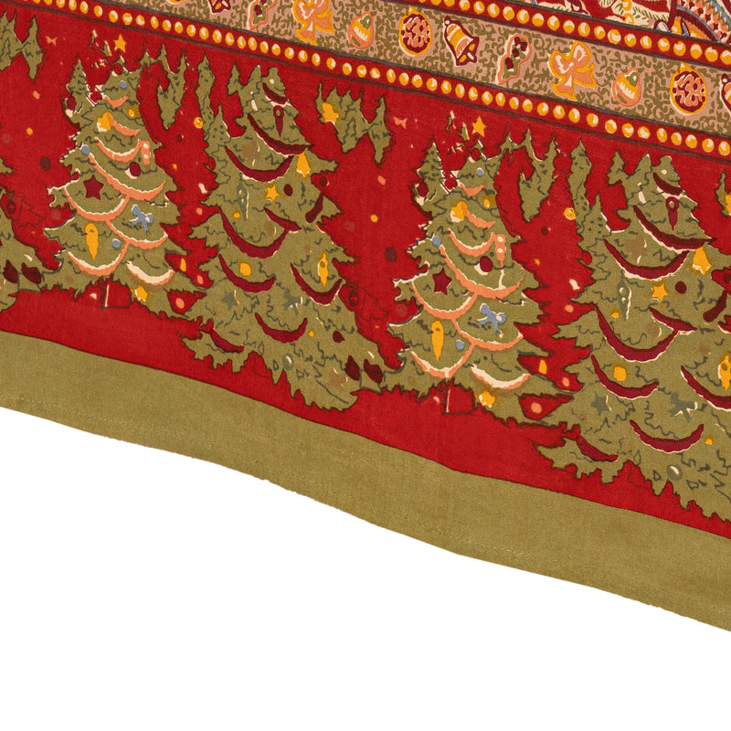 Couleur Nature - Noel Red & Green French Tablecloth: 59 x 86, featuring handprinted Christmas trees, bells, and holly on red, embodying festive charm and artisanal craftsmanship.