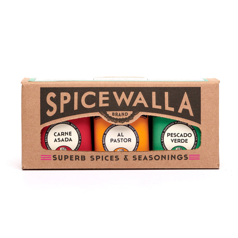 Spicewalla | Street Taco Spice Gift Set in a windowed sleeve, featuring Carne Asada, Al Pastor, and Pescado Verde spice blends for authentic Mexican flavors.