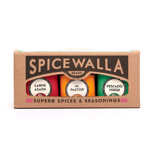 Spicewalla | Street Taco Spice Gift Set in a windowed sleeve, featuring Carne Asada, Al Pastor, and Pescado Verde spice blends for authentic Mexican flavors.