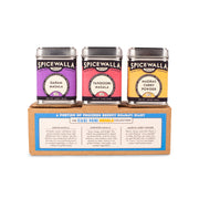 Spicewalla | Masala Collection Gift Set features three spice tins: Garam Masala, Tandoori Masala, and Madras Curry Powder, supporting Dharavi Diary.