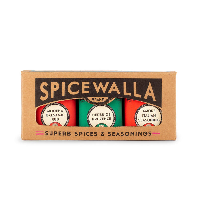Spicewalla | Mediterranean Collection 3 Pack Gift Set featuring tins of Modena Balsamic Rub, Herbs de Provence, and Amore Italian Seasoning visible through the box window.