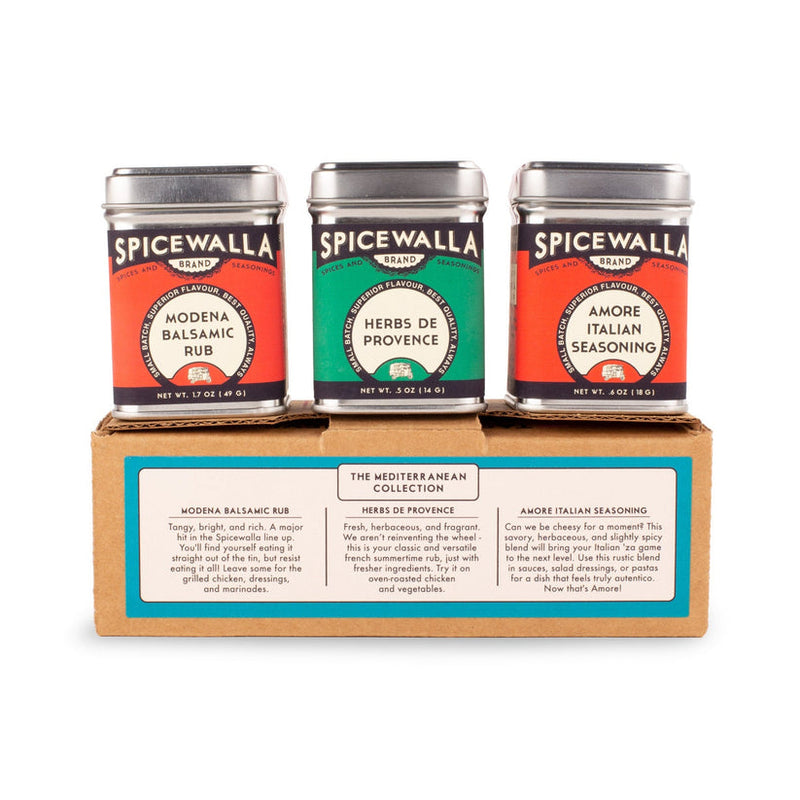 Spicewalla | Mediterranean Collection 3 Pack Gift Set featuring Modena Balsamic Rub, Herbs de Provence, and Amore Italian Seasoning in a cardboard tray.