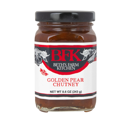 Beth's Farm Kitchen Golden Pear Chutney jar, 8.6 oz, featuring a white label. Ideal for cheese boards, vegan, gluten-free, with local Hudson Valley pears.
