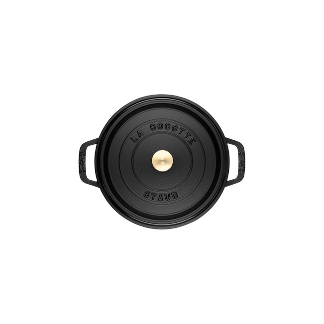 Staub | Round Cocottes - 7 qt Matte Black, a durable cast-iron Dutch oven with brass knob and self-basting lid, ideal for slow-cooking and enhancing flavors.