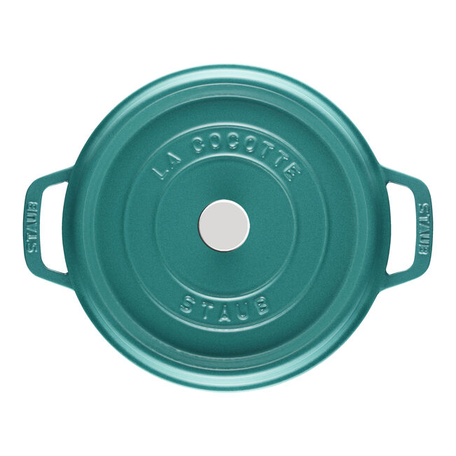 Staub | Round Cocottes - 4 qt Turquoise, enameled cast-iron pot with lid, ideal for braising and stews, features self-basting spikes for moist, flavorful cooking.
