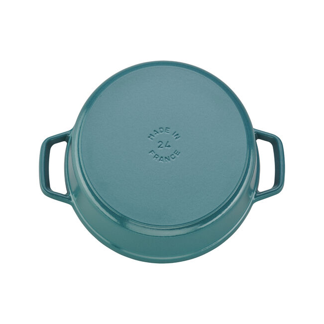STAUB Cocotte, a 2-liter enameled cast-iron pot, upside-down, showcasing Made in France stamp, ideal for slow-cooking, available at Athens Cooks.
